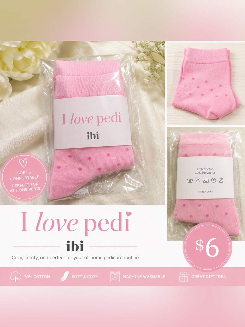 IBI “I Love Pedi” Pink Pedicure Socks – New in Package